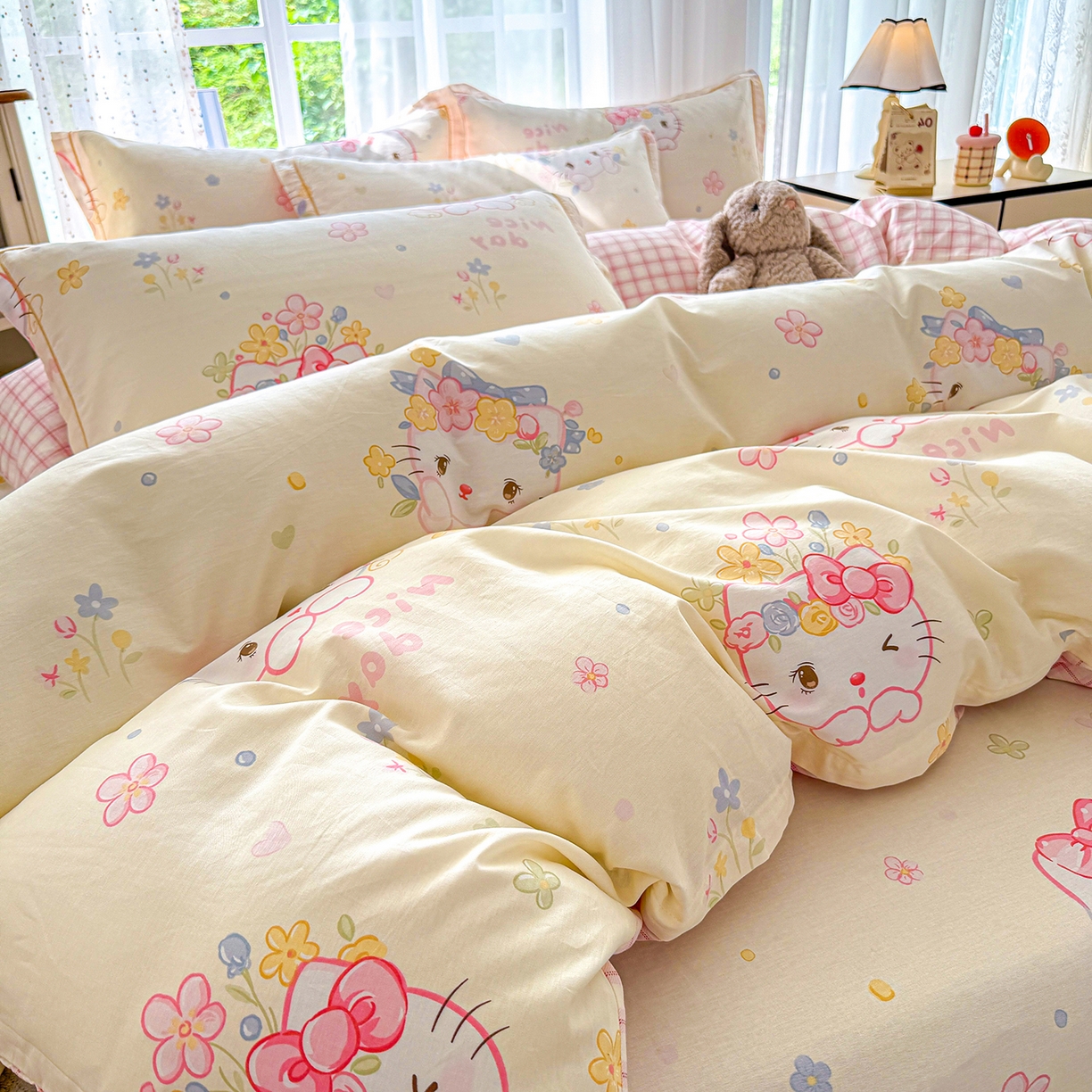 91家纺网 家纺一手货源 找家纺 红粉佳人家纺 2025新款12868纯棉系列全棉四件套 花花猫咪