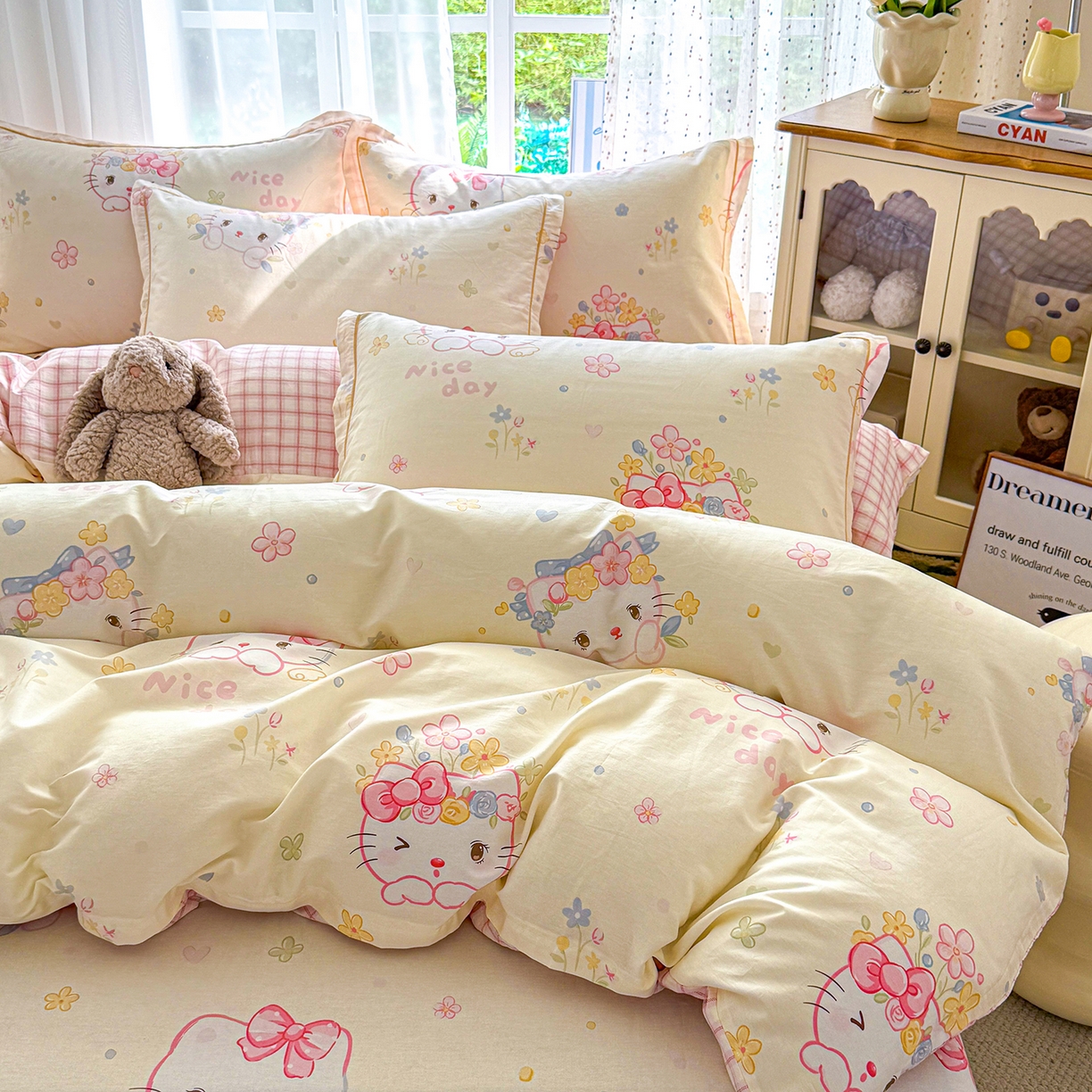 91家纺网 家纺一手货源 找家纺 红粉佳人家纺 2025新款12868纯棉系列全棉四件套 花花猫咪