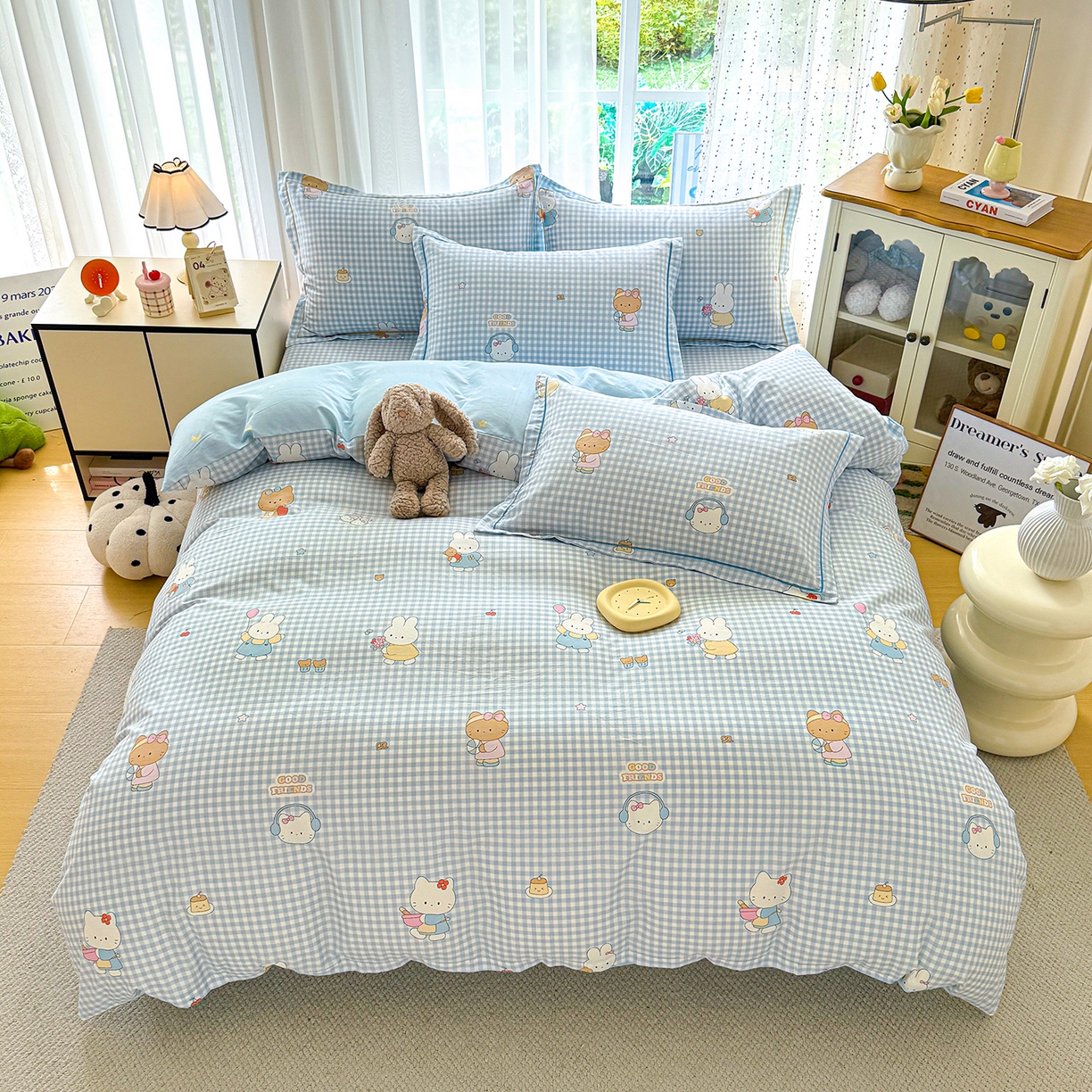 91家纺网 家纺一手货源 找家纺 红粉佳人家纺 2025新款12868纯棉系列全棉单床单 格子猫咪