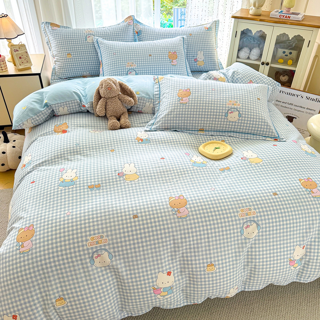 91家纺网 家纺一手货源 找家纺 红粉佳人家纺 2025新款12868纯棉系列全棉单床单 格子猫咪