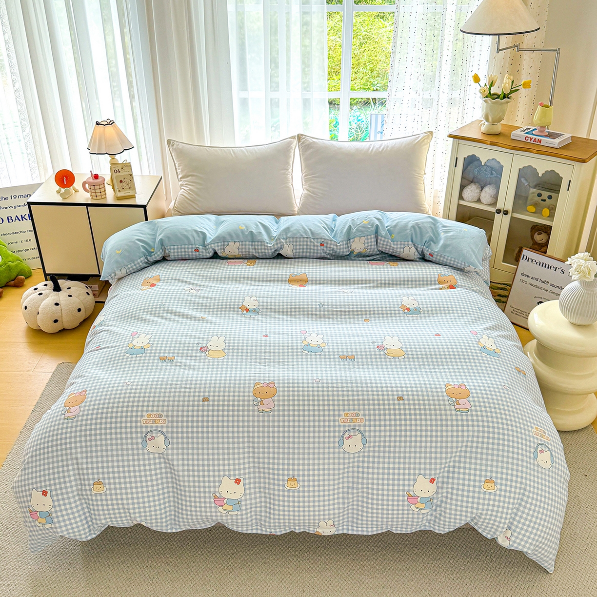 91家纺网 家纺一手货源 找家纺 红粉佳人家纺 2025新款12868纯棉系列全棉单床单 格子猫咪