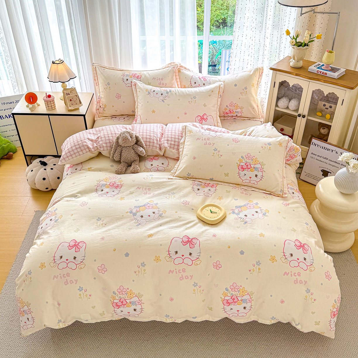 91家纺网 家纺一手货源 找家纺 红粉佳人家纺 2025新款12868纯棉系列全棉单床单 花花猫咪