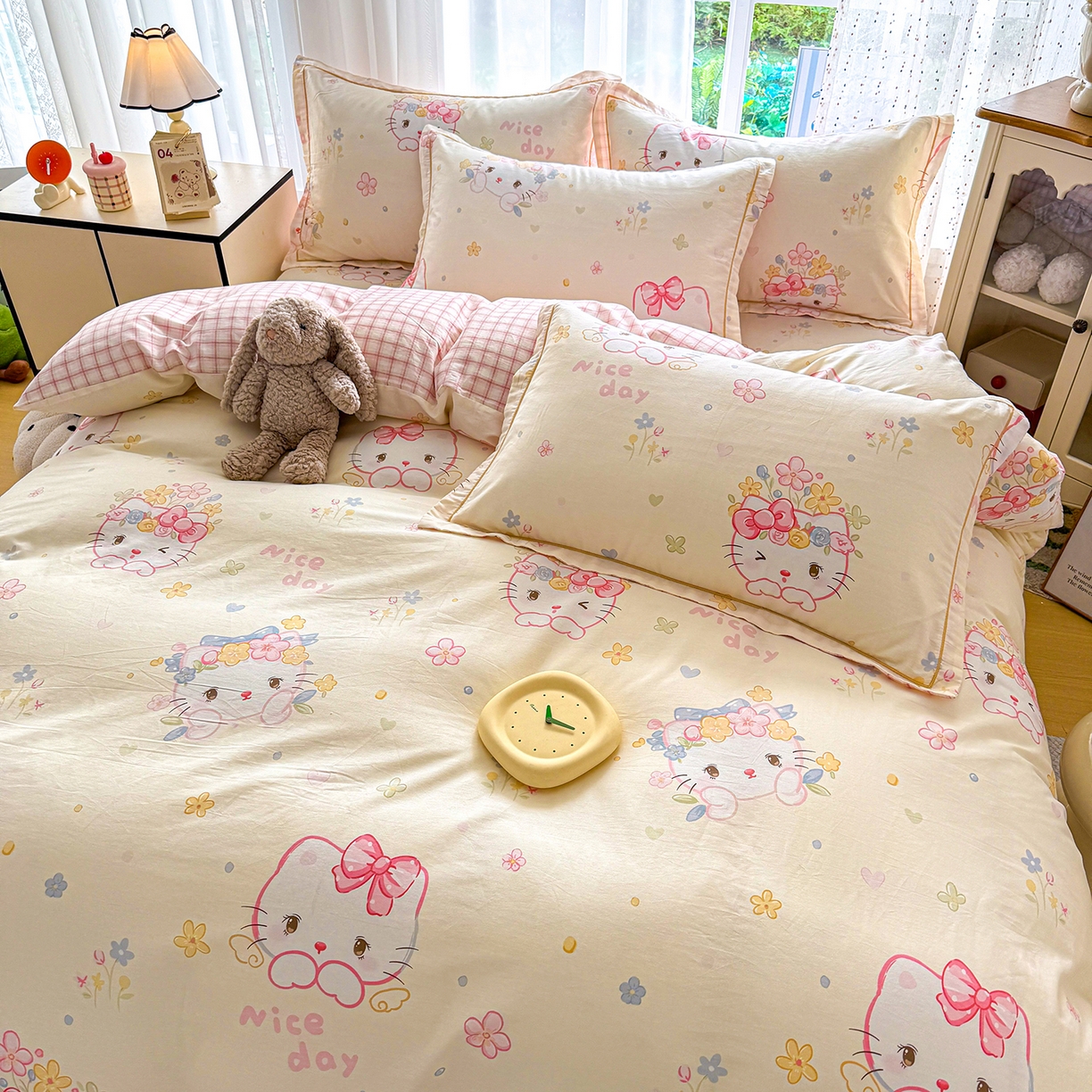 91家纺网 家纺一手货源 找家纺 红粉佳人家纺 2025新款12868纯棉系列全棉单床单 花花猫咪