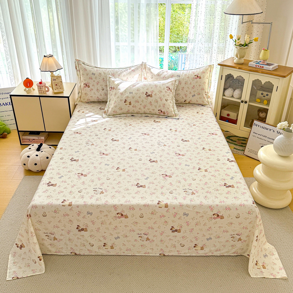 91家纺网 家纺一手货源 找家纺 红粉佳人家纺 2025新款12868纯棉系列全棉单床单 花田小狗