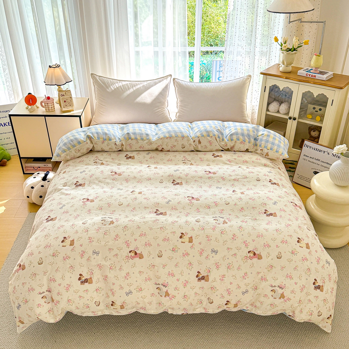 91家纺网 家纺一手货源 找家纺 红粉佳人家纺 2025新款12868纯棉系列全棉单床单 花田小狗