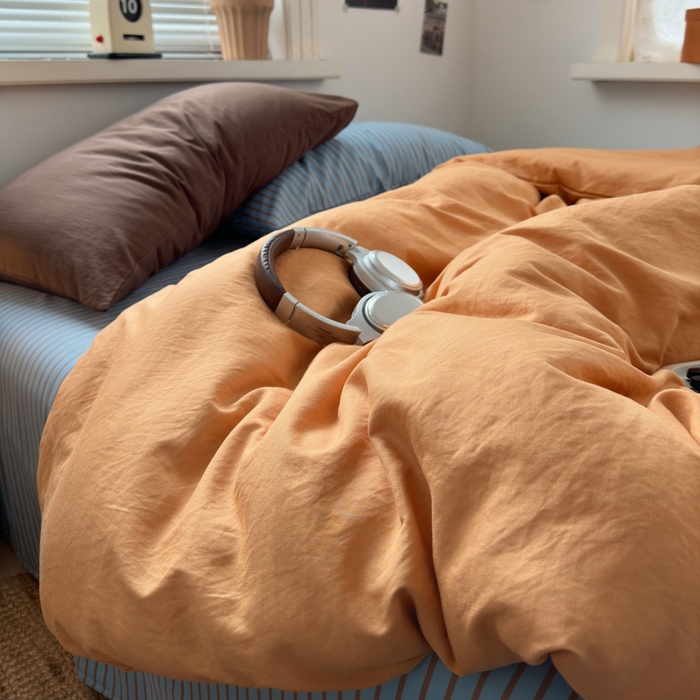 91家纺网 家纺一手货源 找家纺 尤米 2025新款中古风水洗棉四件套 橘子汽水