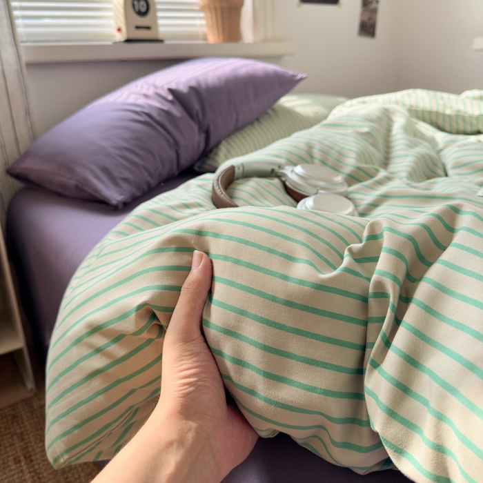 91家纺网 家纺一手货源 找家纺 尤米 2025新款中古风水洗棉四件套 薄荷微光