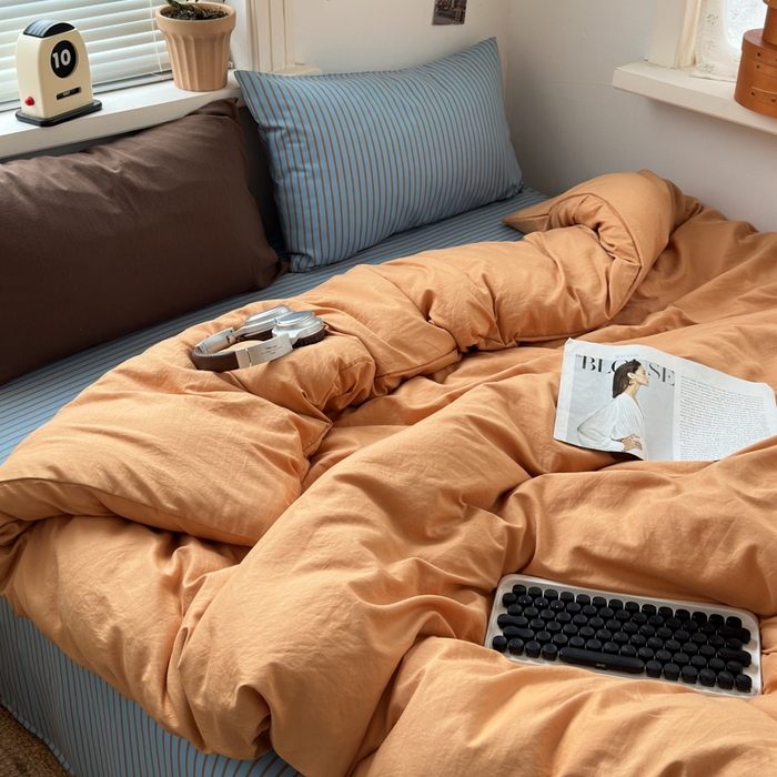 91家纺网 家纺一手货源 找家纺 尤米 2025新款中古风水洗棉四件套 橘子汽水