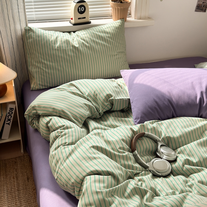 91家纺网 家纺一手货源 找家纺 尤米 2025新款中古风水洗棉四件套 薄荷微光