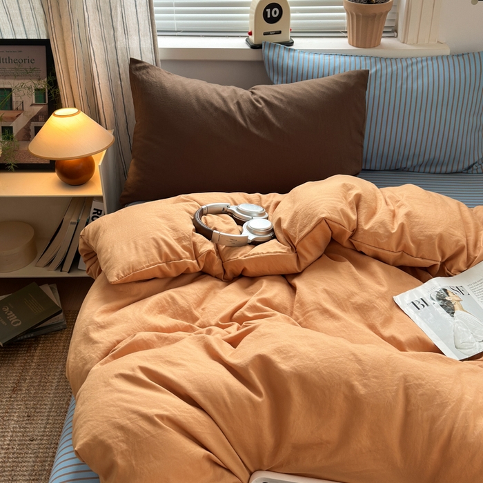 91家纺网 家纺一手货源 找家纺 尤米 2025新款中古风水洗棉四件套 橘子汽水