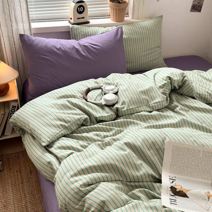 91家纺网 家纺一手货源 找家纺 尤米 2025新款中古风水洗棉四件套 薄荷微光