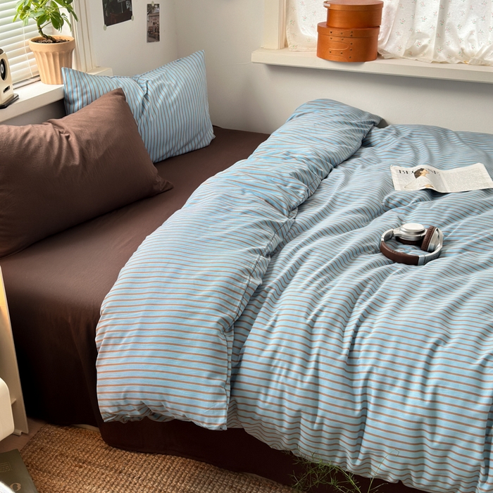 91家纺网 家纺一手货源 找家纺 尤米 2025新款中古风水洗棉四件套 雾蓝生巧