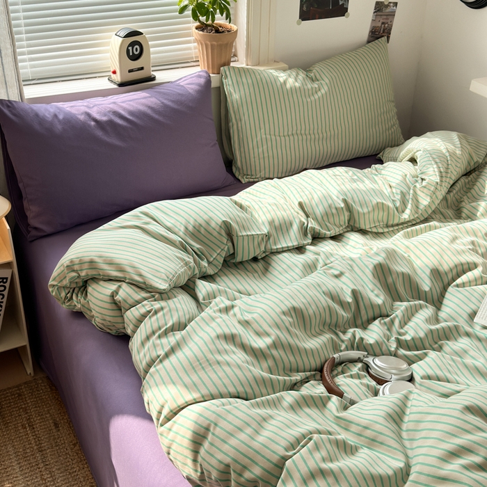 91家纺网 家纺一手货源 找家纺 尤米 2025新款中古风水洗棉四件套 薄荷微光