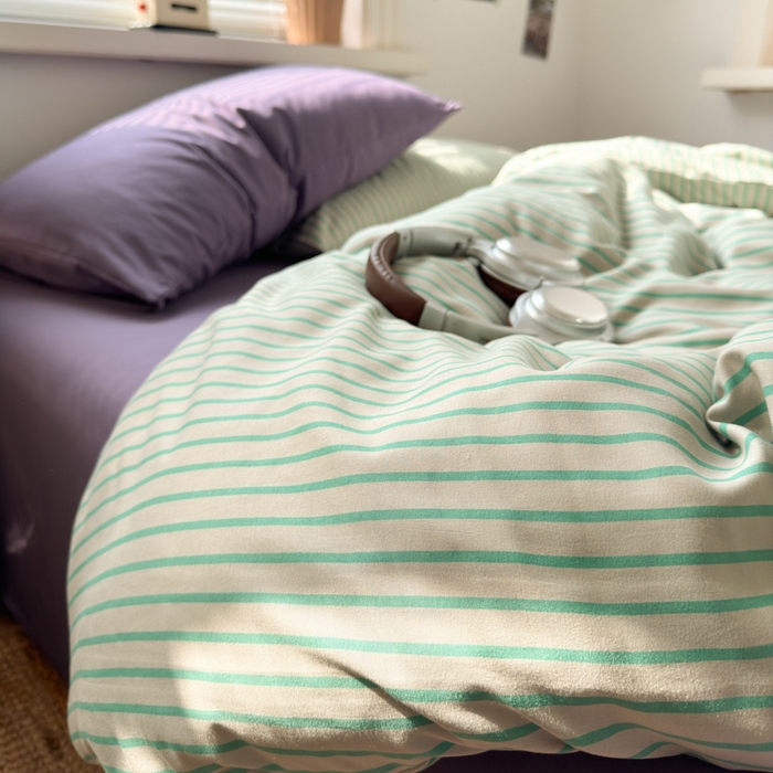 91家纺网 家纺一手货源 找家纺 尤米 2025新款中古风水洗棉四件套 薄荷微光