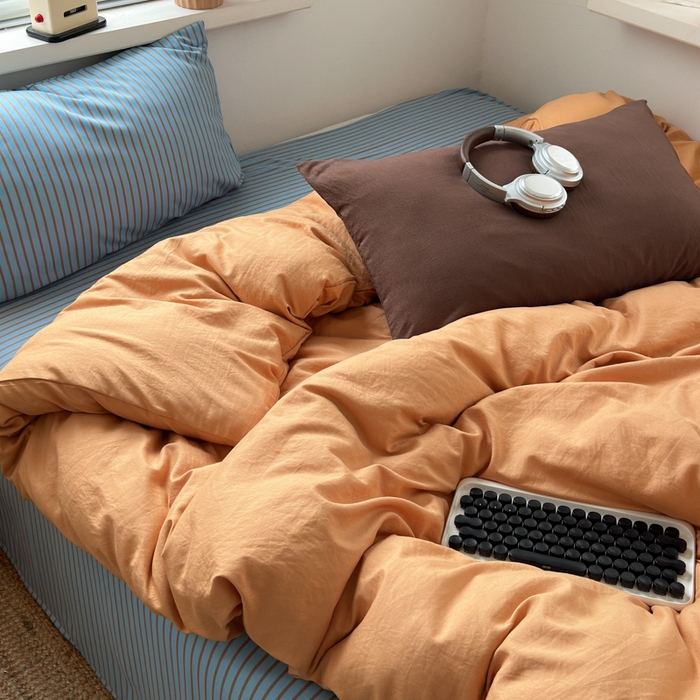 91家纺网 家纺一手货源 找家纺 尤米 2025新款中古风水洗棉四件套 橘子汽水