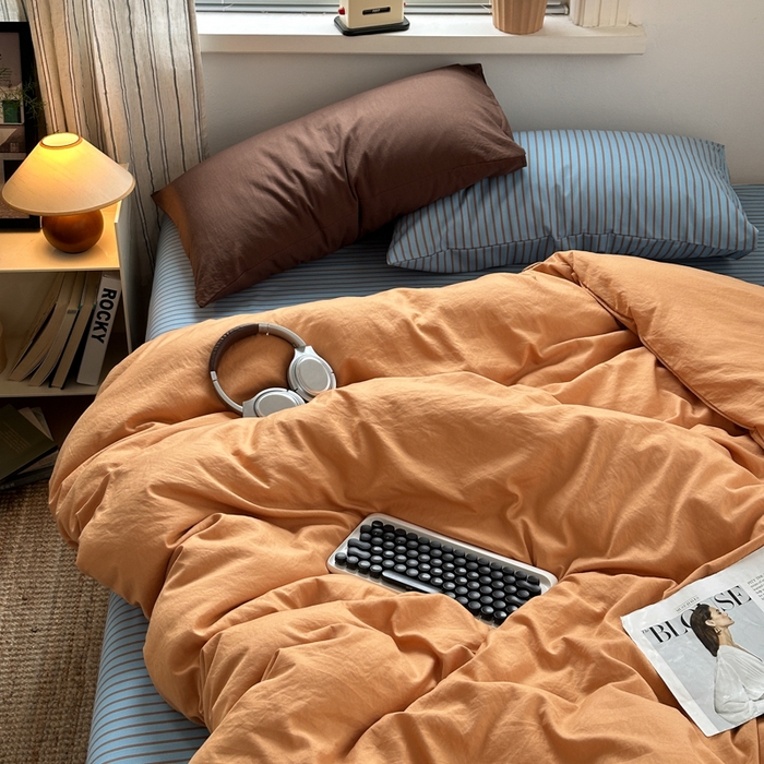 91家纺网 家纺一手货源 找家纺 尤米 2025新款中古风水洗棉四件套 橘子汽水