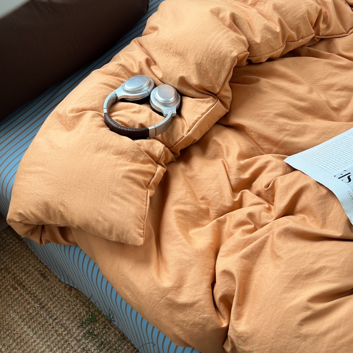 91家纺网 家纺一手货源 找家纺 尤米 2025新款中古风水洗棉四件套 橘子汽水