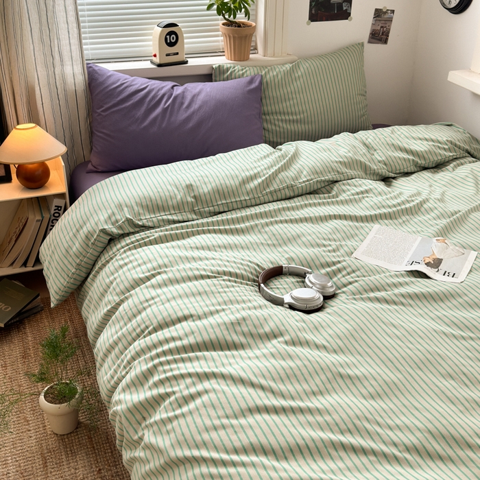 91家纺网 家纺一手货源 找家纺 尤米 2025新款中古风水洗棉四件套 薄荷微光