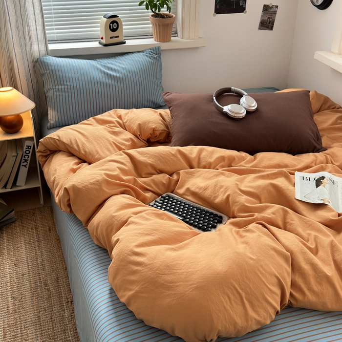 91家纺网 家纺一手货源 找家纺 尤米 2025新款中古风水洗棉四件套 橘子汽水