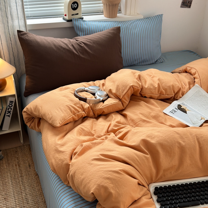 91家纺网 家纺一手货源 找家纺 尤米 2025新款中古风水洗棉四件套 橘子汽水