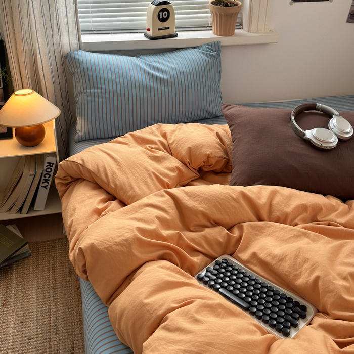 91家纺网 家纺一手货源 找家纺 尤米 2025新款中古风水洗棉四件套 橘子汽水