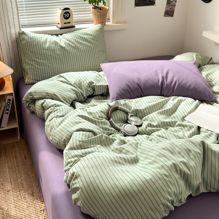 91家纺网 家纺一手货源 找家纺 尤米 2025新款中古风水洗棉四件套 薄荷微光