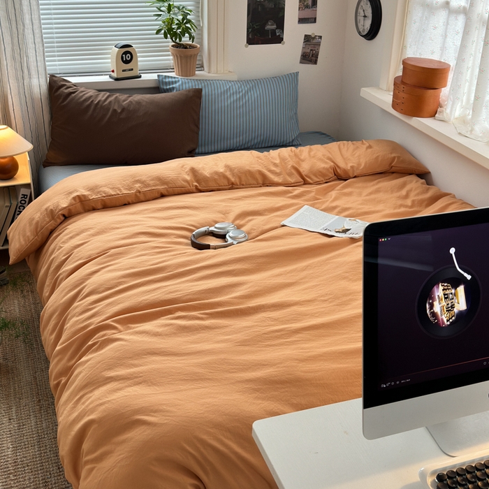 91家纺网 家纺一手货源 找家纺 尤米 2025新款中古风水洗棉四件套 橘子汽水