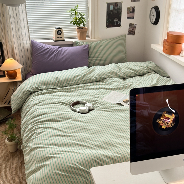 91家纺网 家纺一手货源 找家纺 尤米 2025新款中古风水洗棉四件套 薄荷微光