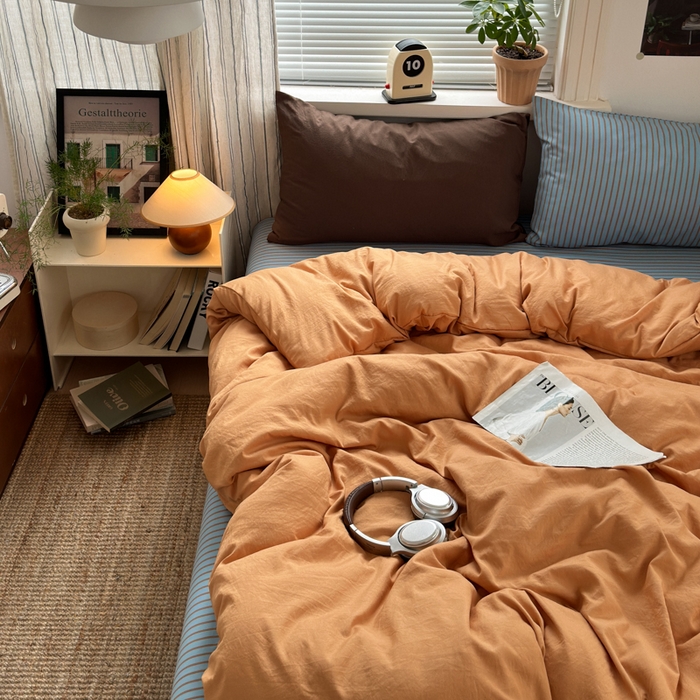 91家纺网 家纺一手货源 找家纺 尤米 2025新款中古风水洗棉四件套 橘子汽水