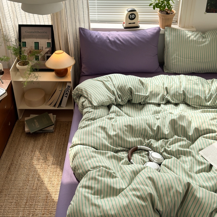 尤米 2025新款中古风水洗棉四件套 薄荷微光