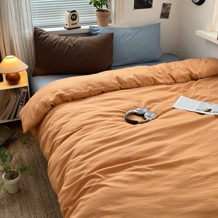 91家纺网 家纺一手货源 找家纺 尤米 2025新款中古风水洗棉四件套 橘子汽水