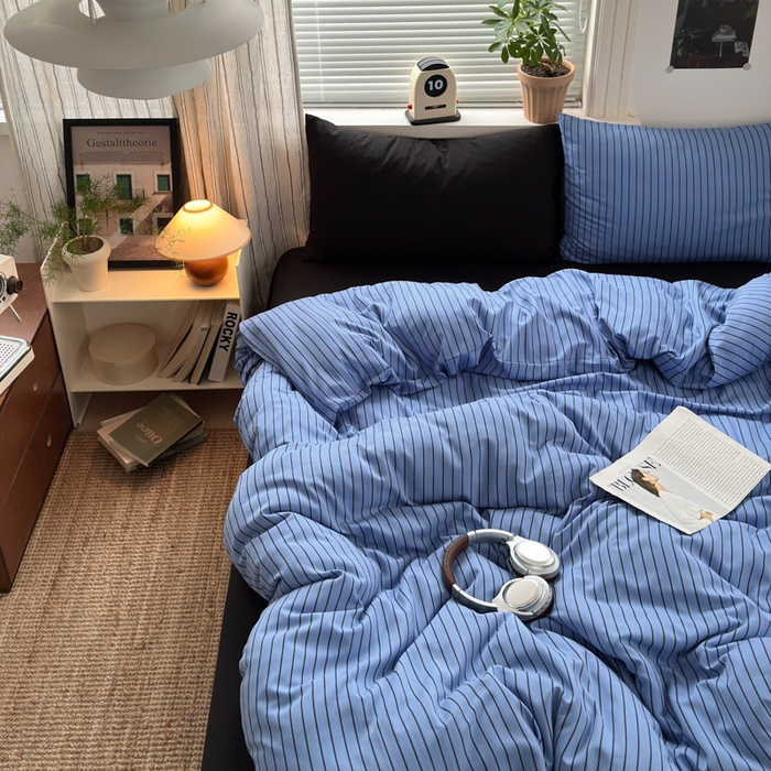 91家纺网 家纺一手货源 找家纺 尤米 2025新款中古风水洗棉四件套 夜幽黑茶