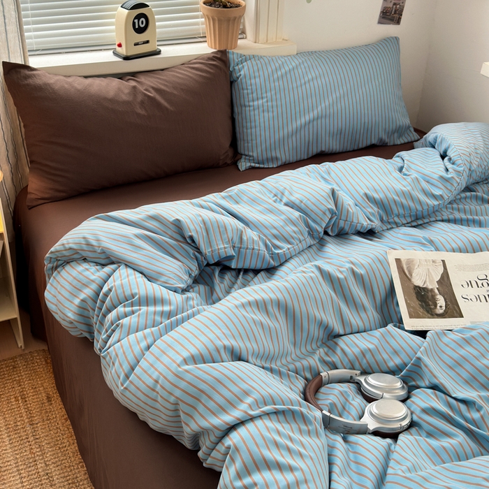 91家纺网 家纺一手货源 找家纺 尤米 2025新款中古风水洗棉四件套 雾蓝生巧