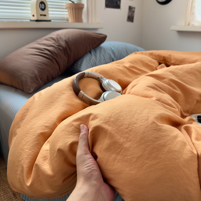 91家纺网 家纺一手货源 找家纺 尤米 2025新款中古风水洗棉四件套 橘子汽水