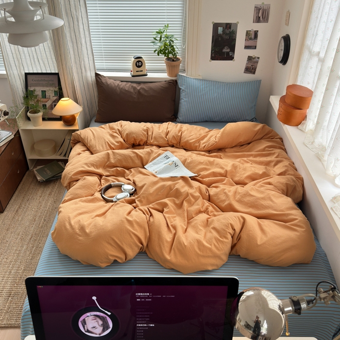 91家纺网 家纺一手货源 找家纺 尤米 2025新款中古风水洗棉四件套 橘子汽水