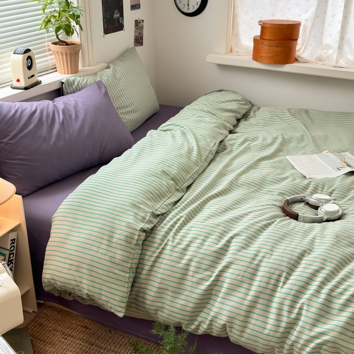 91家纺网 家纺一手货源 找家纺 尤米 2025新款中古风水洗棉四件套 薄荷微光