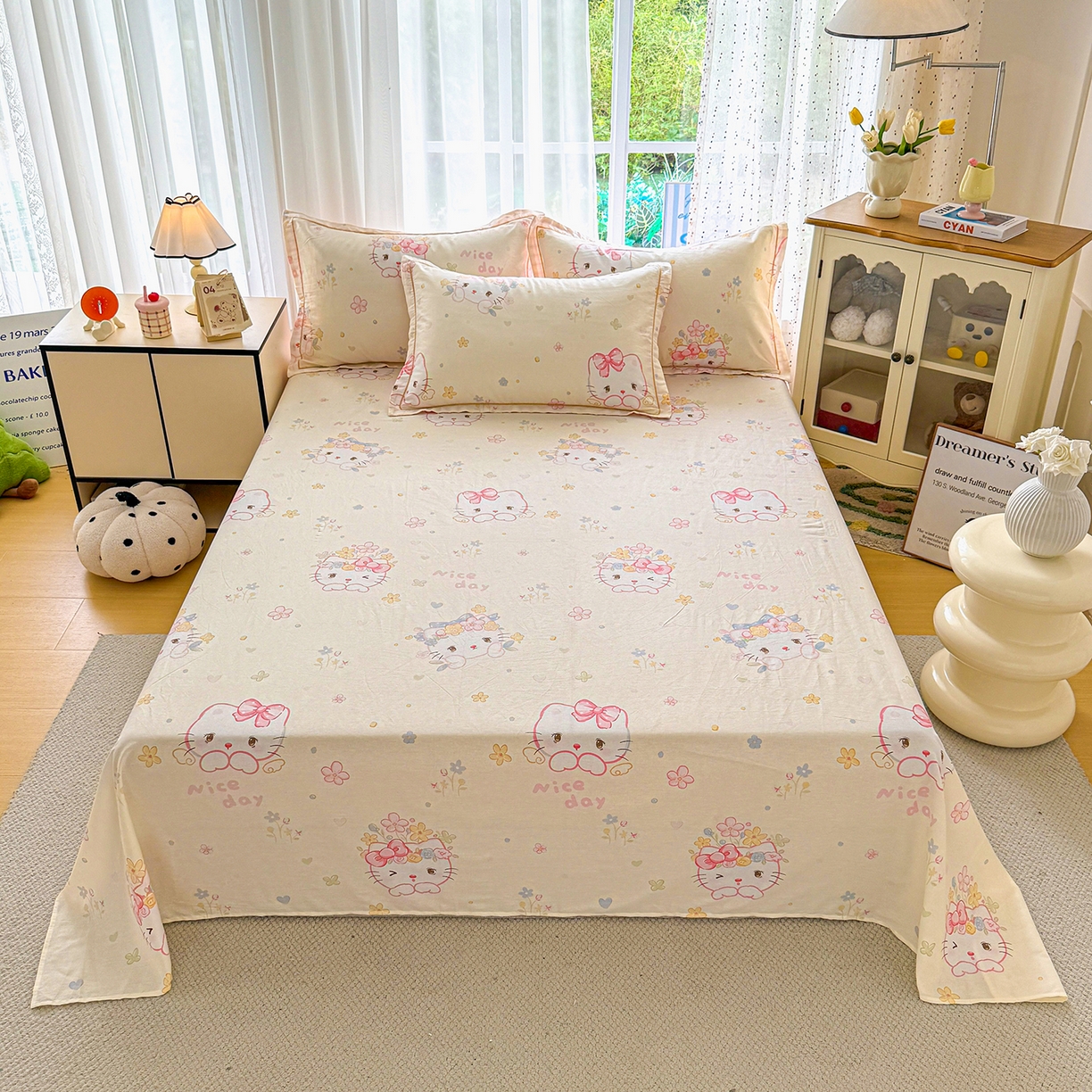 91家纺网 家纺一手货源 找家纺 红粉佳人家纺 2025春夏新款全棉纯棉12868纯棉单被套 花花猫咪