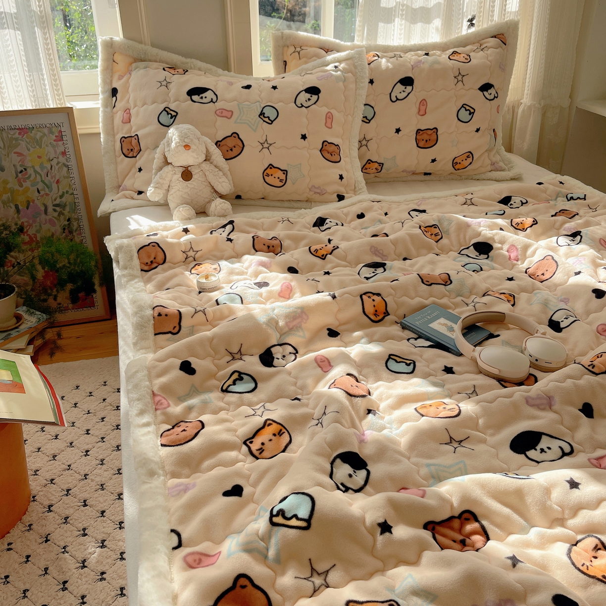 91家纺网 家纺一手货源 找家纺 红嘴企鹅 2025新款高克重牛奶绒印花床护垫床褥 星星乐园