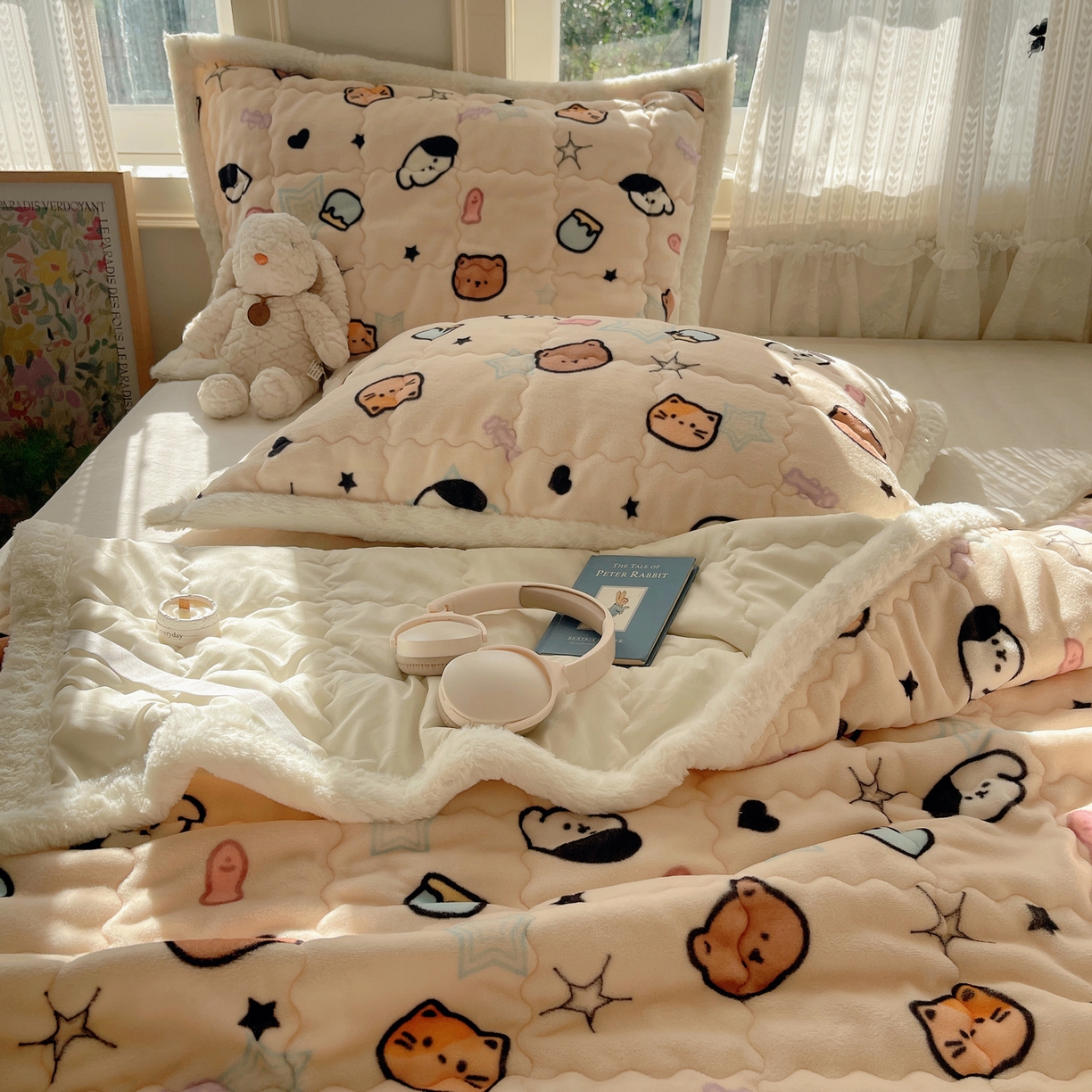 91家纺网 家纺一手货源 找家纺 红嘴企鹅 2025新款高克重牛奶绒印花床护垫床褥 星星乐园