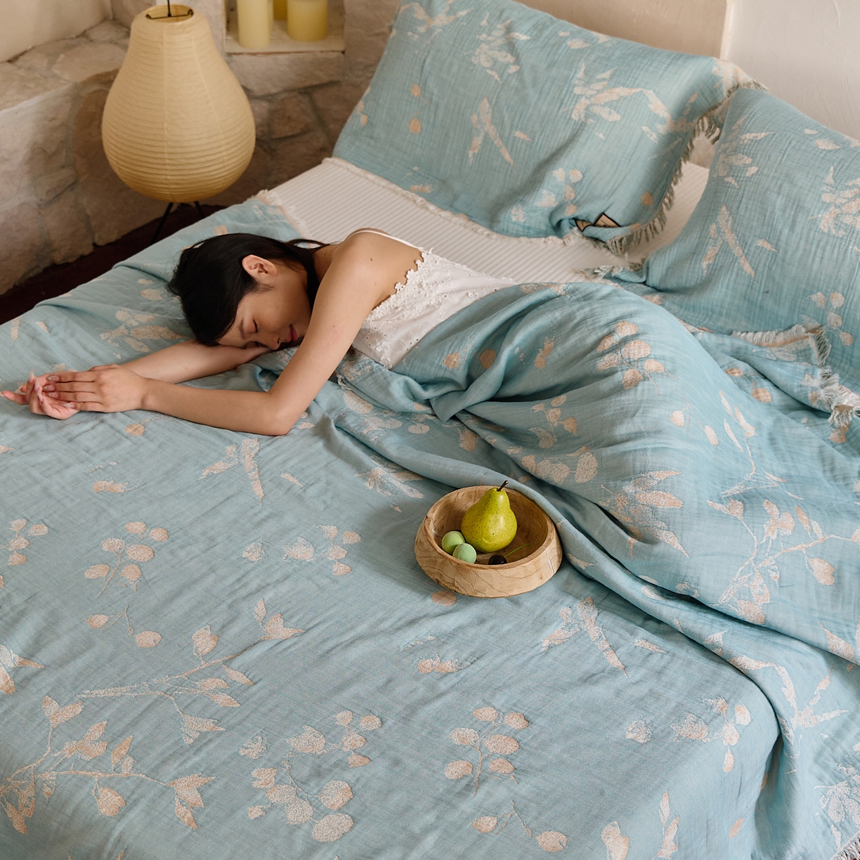 91家纺网 家纺一手货源 找家纺 沐瑟家纺 2025新款色织提花全棉流苏纱布枕巾 蘭素