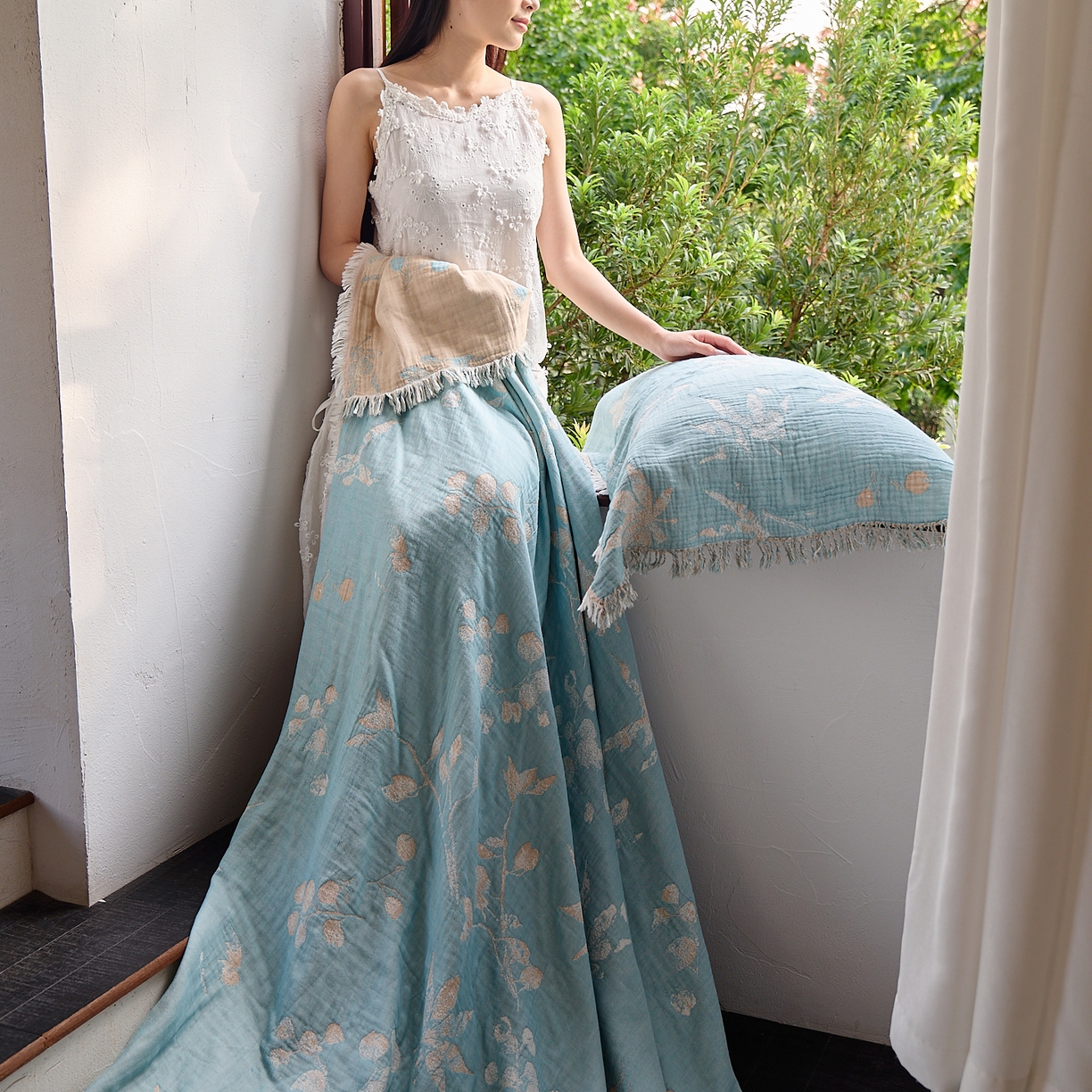 91家纺网 家纺一手货源 找家纺 沐瑟家纺 2025新款色织提花全棉流苏纱布枕巾 蘭素