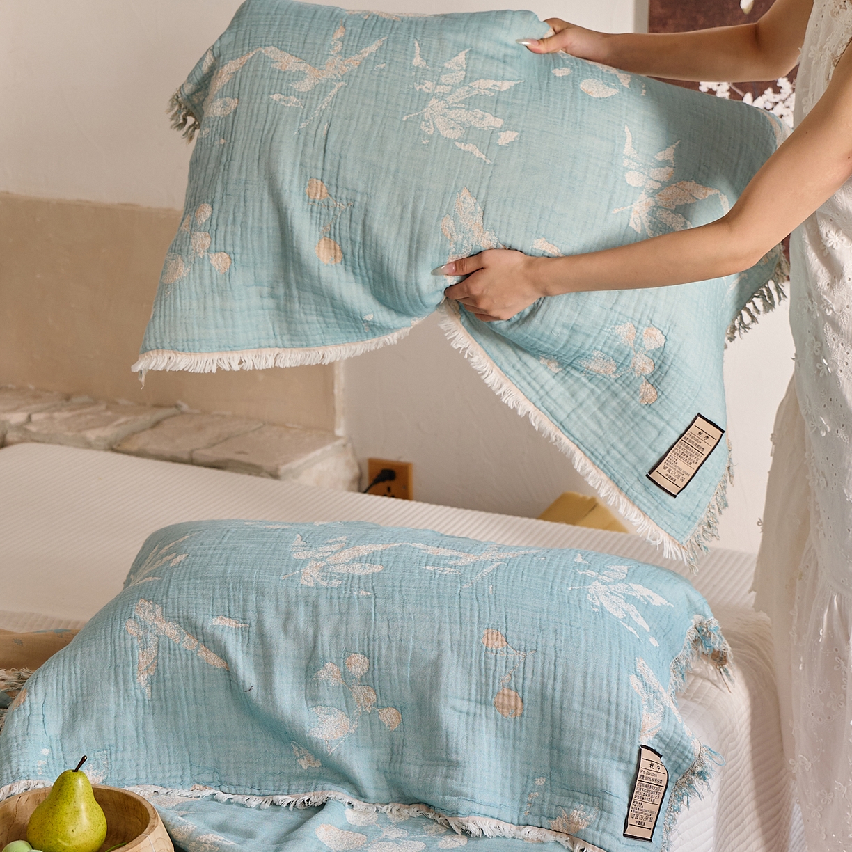 沐瑟家纺 2025新款色织提花全棉流苏纱布枕巾 蘭素