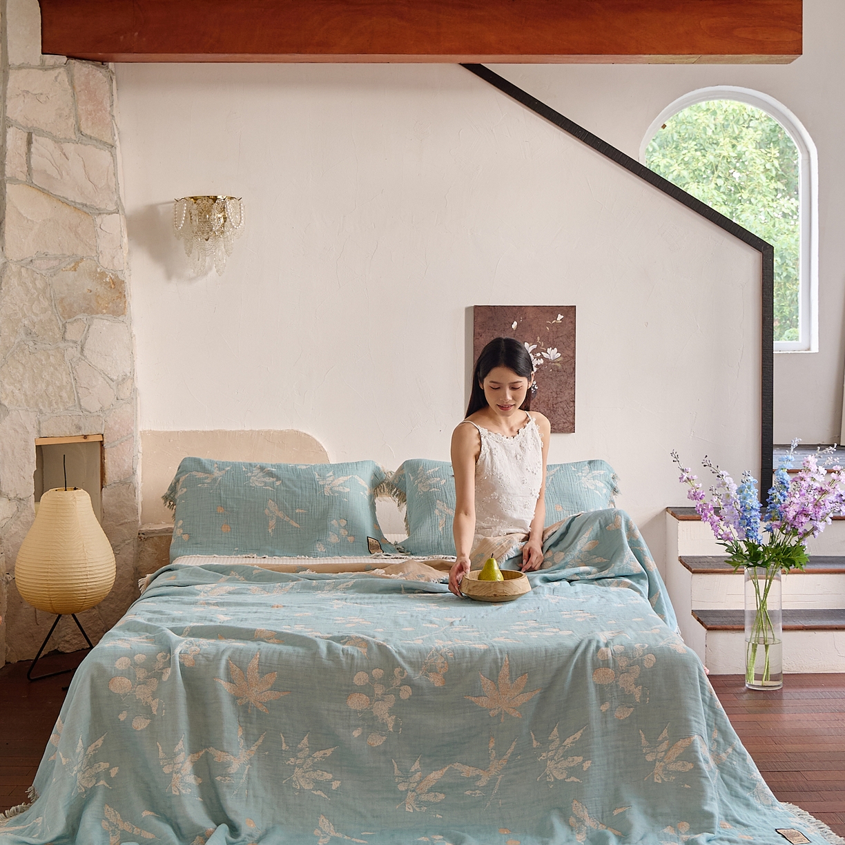 91家纺网 家纺一手货源 找家纺 沐瑟家纺 2025新款色织提花全棉流苏纱布枕巾 蘭素