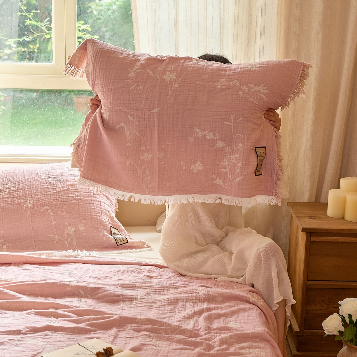 91家纺网 家纺一手货源 找家纺 （总）沐瑟家纺 2025新款色织提花全棉流苏纱布枕巾