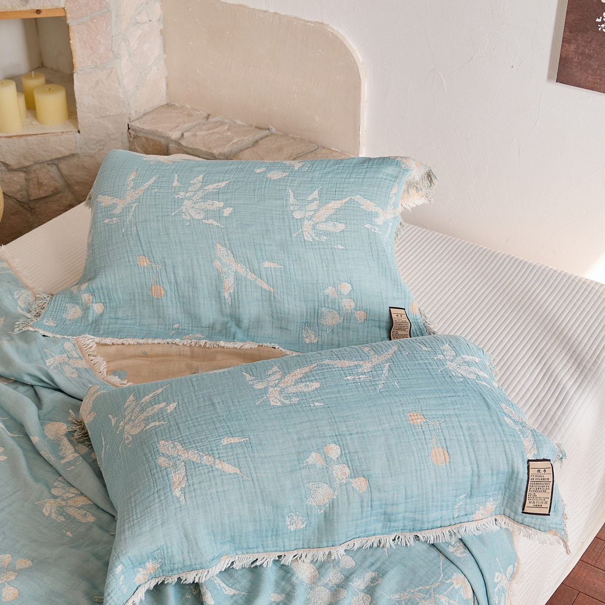 91家纺网 家纺一手货源 找家纺 沐瑟家纺 2025新款色织提花全棉流苏纱布枕巾 蘭素