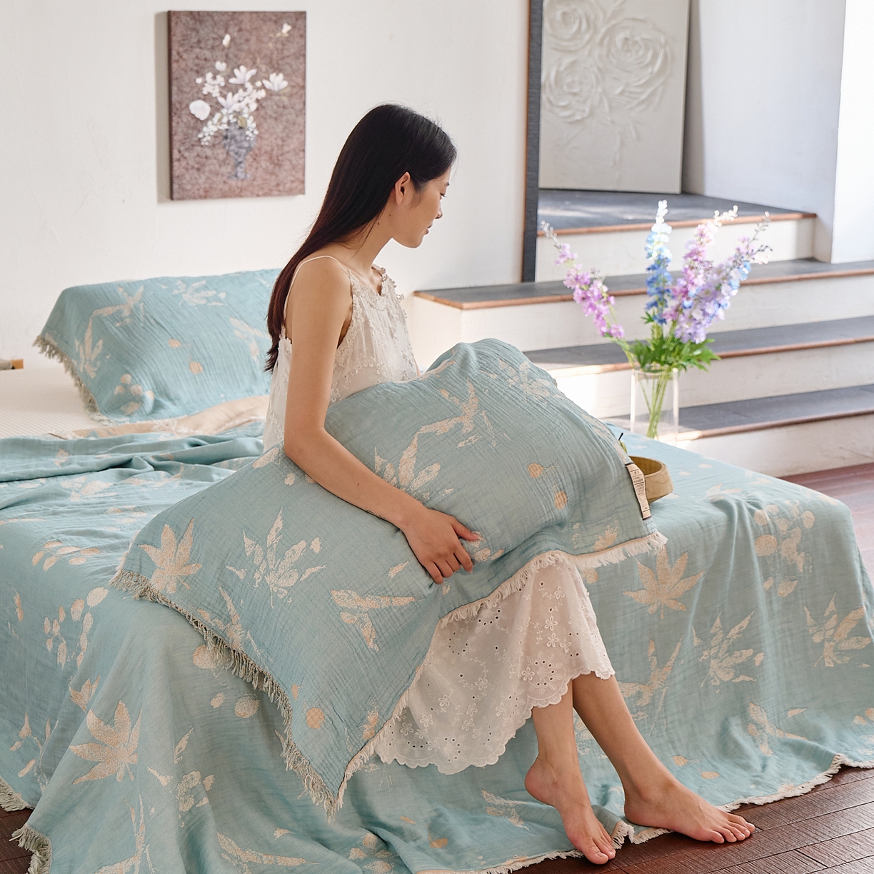 91家纺网 家纺一手货源 找家纺 沐瑟家纺 2025新款色织提花全棉流苏纱布枕巾 蘭素