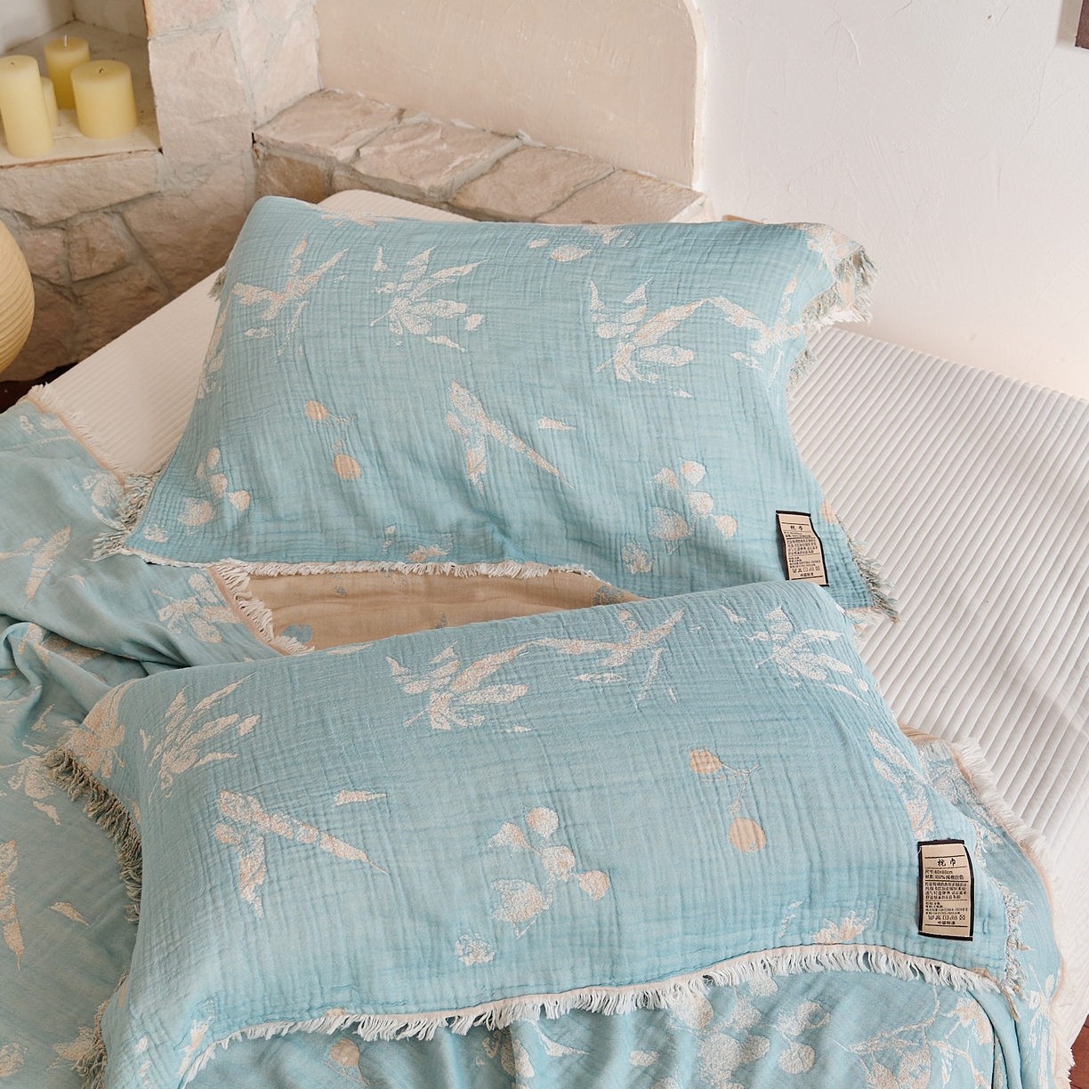 91家纺网 家纺一手货源 找家纺 沐瑟家纺 2025新款色织提花全棉流苏纱布枕巾 蘭素