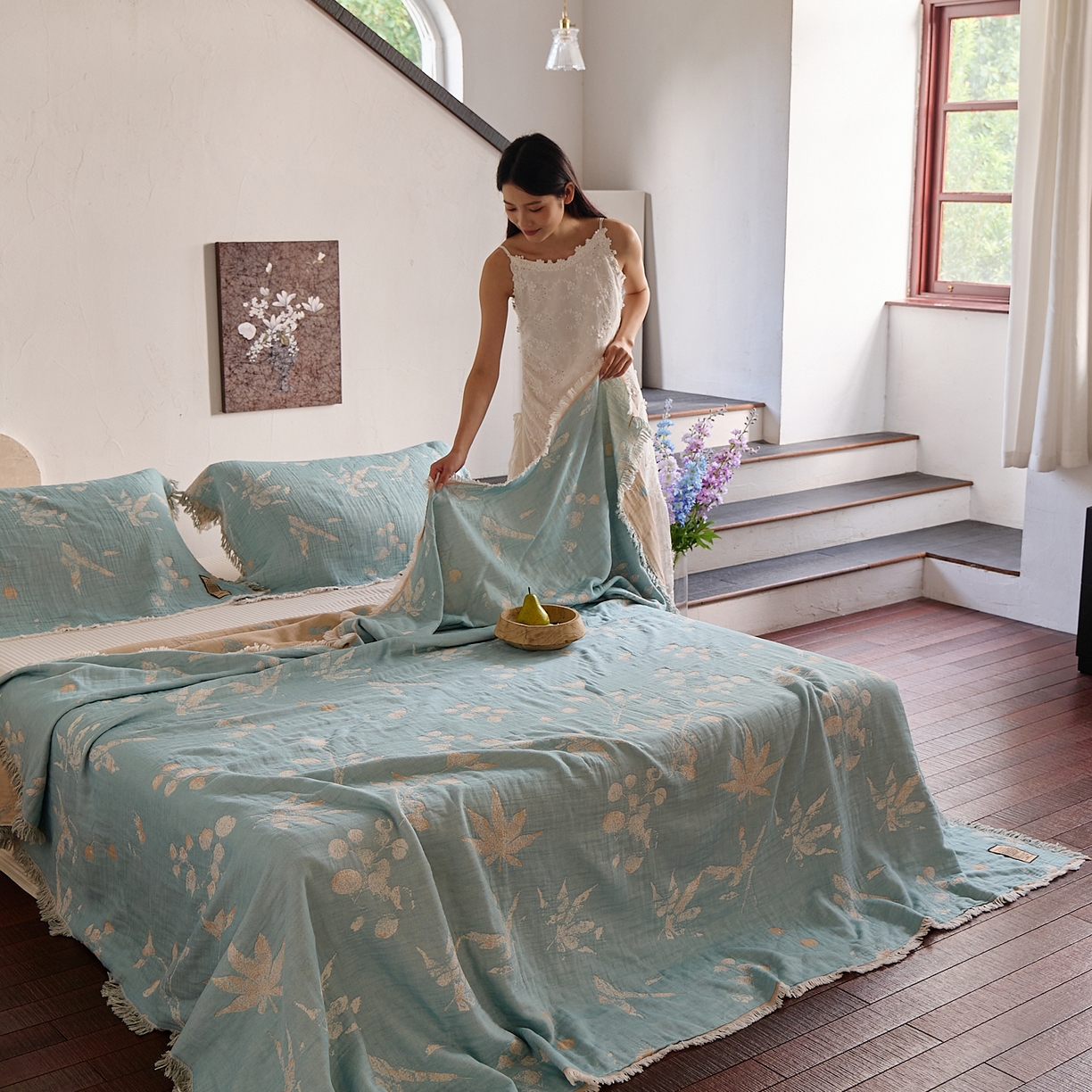 91家纺网 家纺一手货源 找家纺 沐瑟家纺 2025新款色织提花全棉流苏纱布枕巾 蘭素