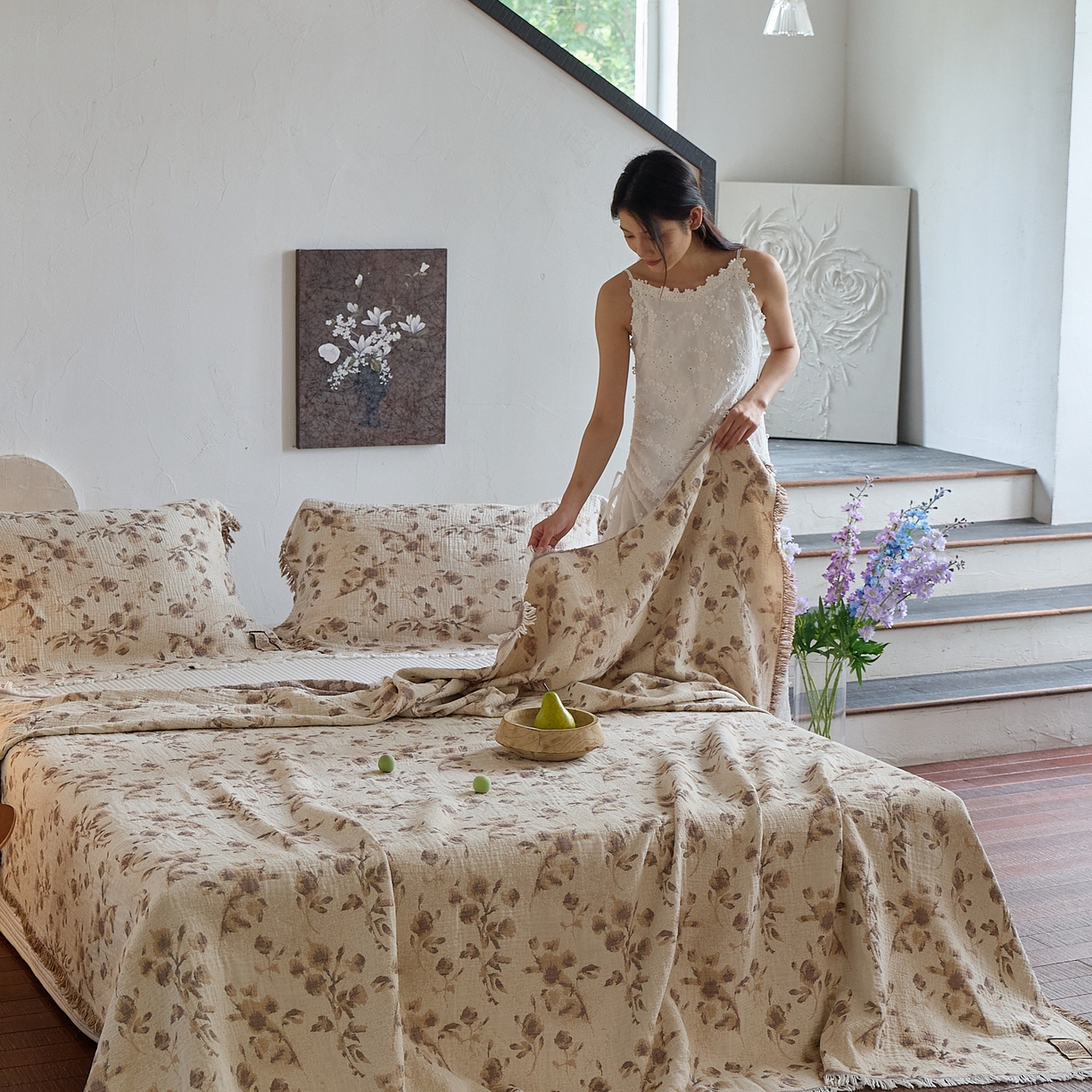 91家纺网 家纺一手货源 找家纺 沐瑟家纺 2025新款色织提花全棉流苏纱布枕巾 洛颖