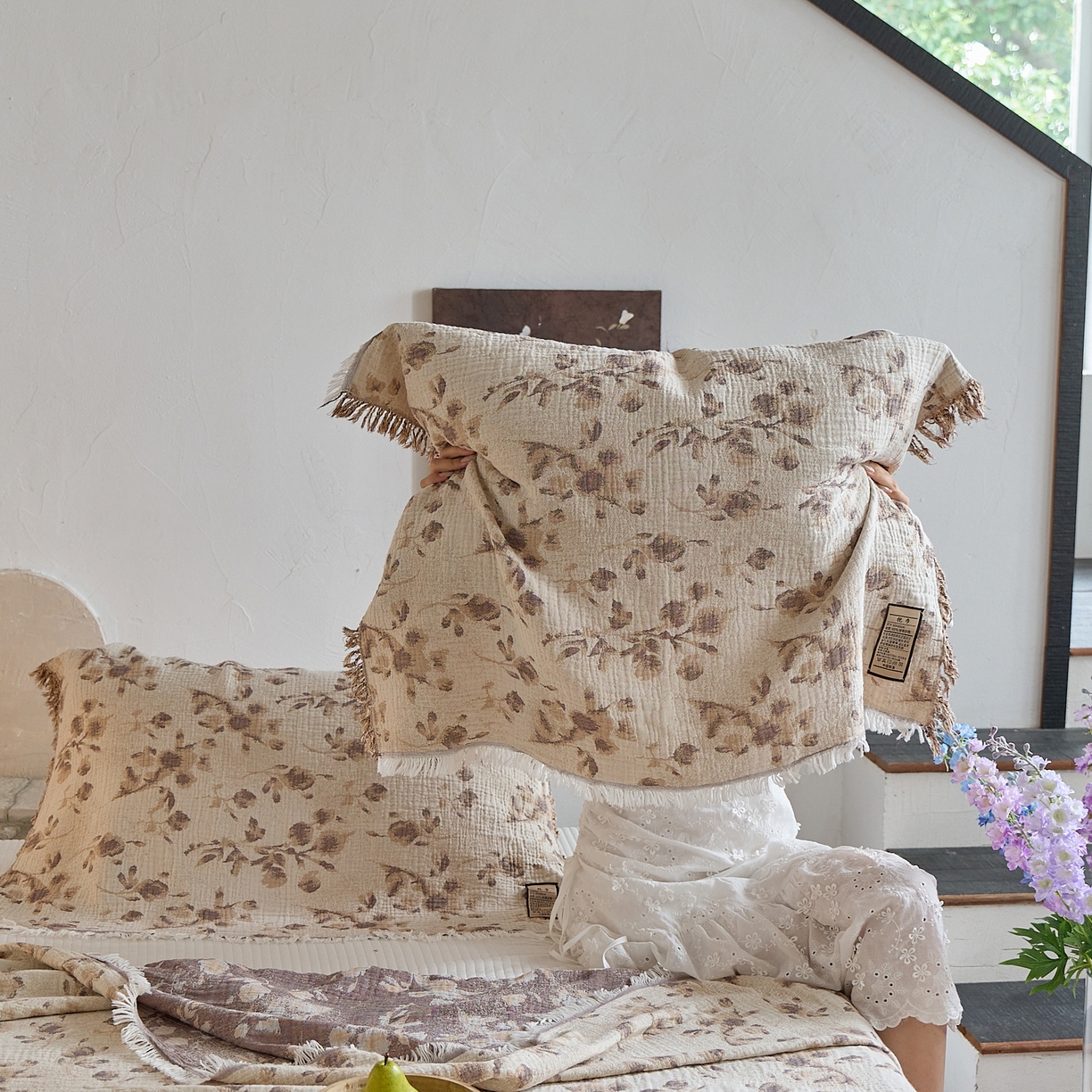 91家纺网 家纺一手货源 找家纺 沐瑟家纺 2025新款色织提花全棉流苏纱布枕巾 洛颖